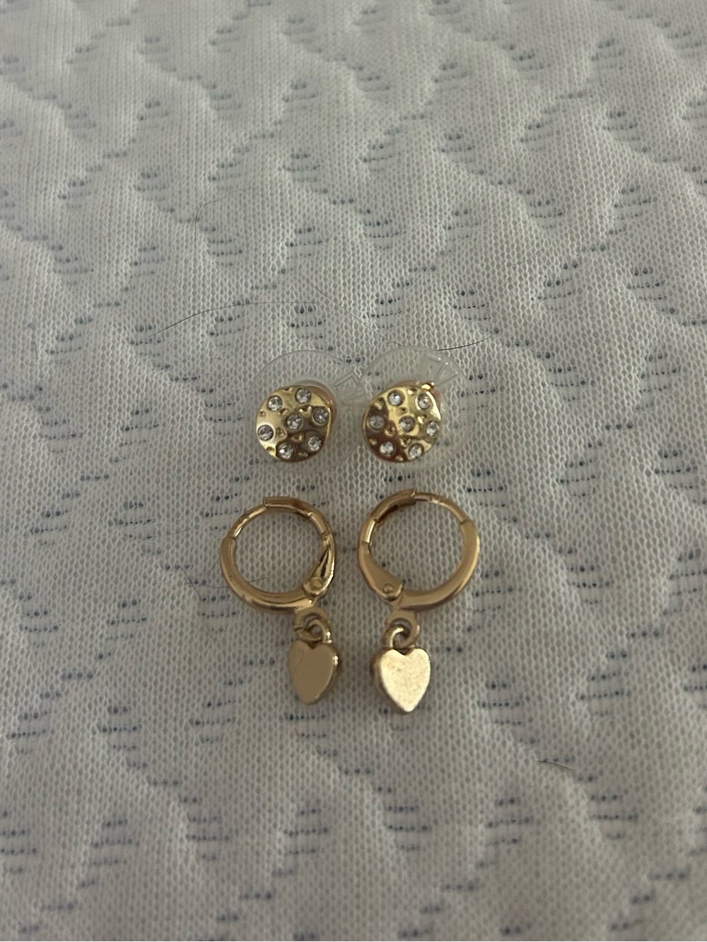Gold Tone Heart Hoop Earrings with Gold Tone Crystal Studs - Women Jewelry